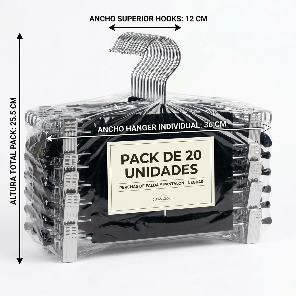 Pack de 20 Perchas Negras con Pinzas Metálicas Ajustables para Falda y Pantalón