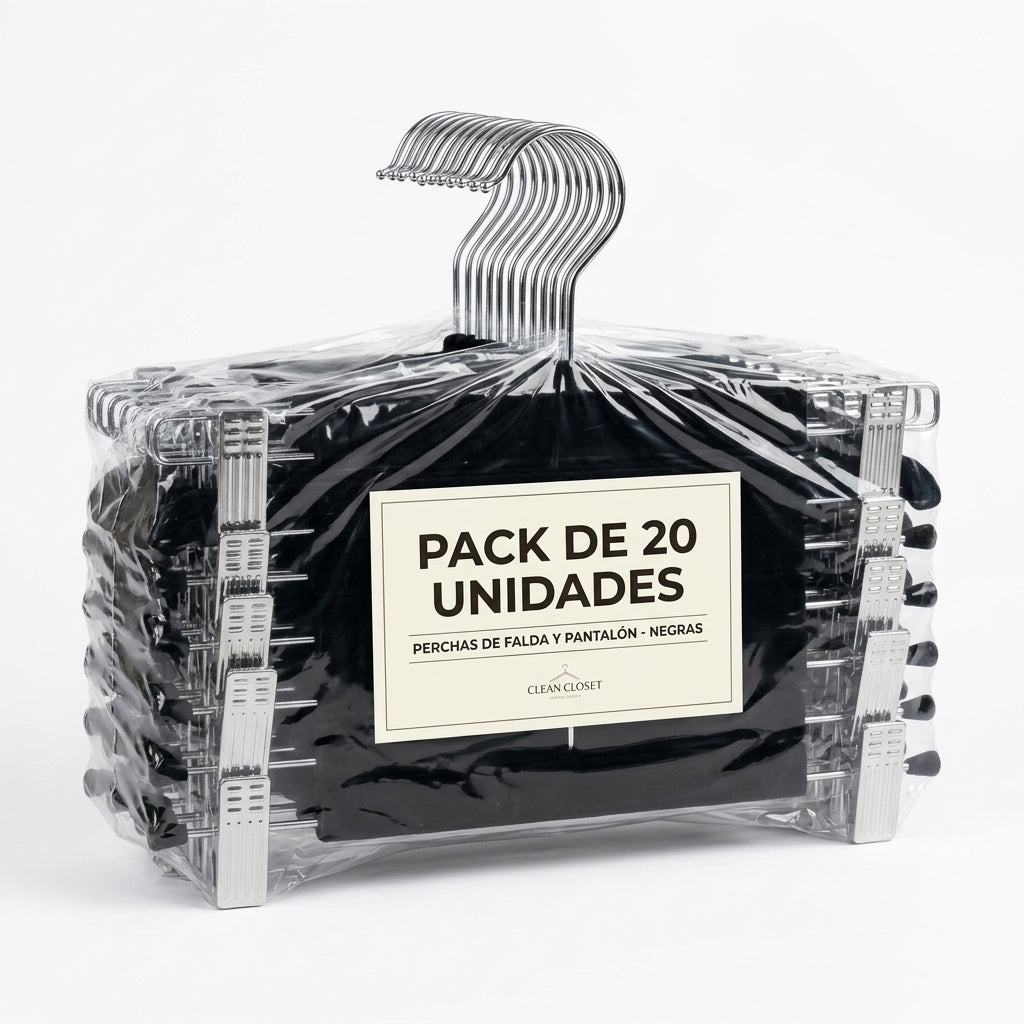 Pack de 20 Perchas Negras con Pinzas Metálicas Ajustables para Falda y Pantalón