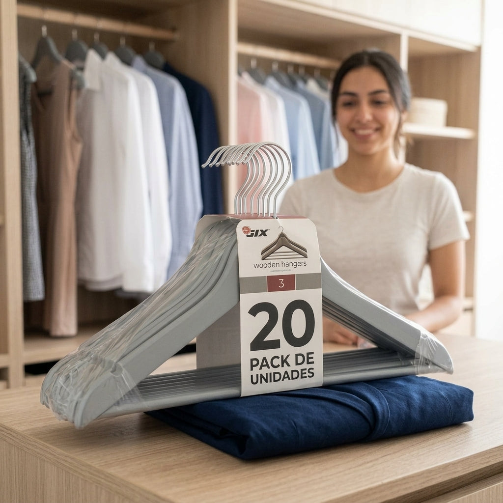 Set x20 Colgadores de Madera Barnizados Color Gris