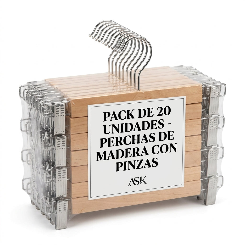 Set de 20 Perchas de Madera de Alta Calidad con Pinzas Metálicas Ajustables