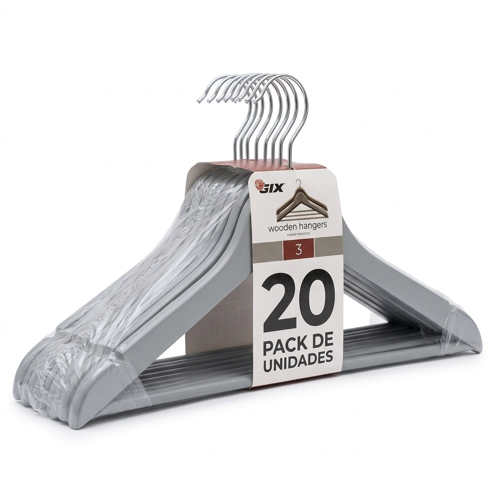 Set x20 Colgadores de Madera Barnizados Color Gris