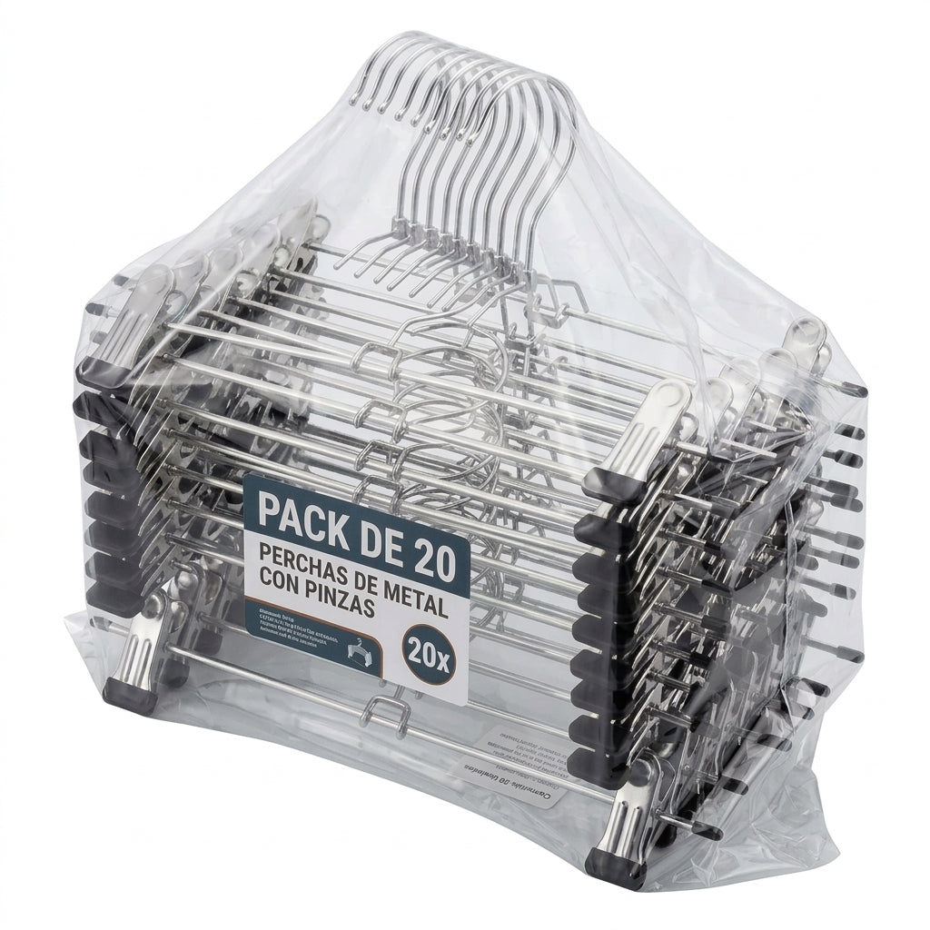 Set de 20 Perchas Metálicas con Pinzas Antideslizantes para Pantalones y Faldas