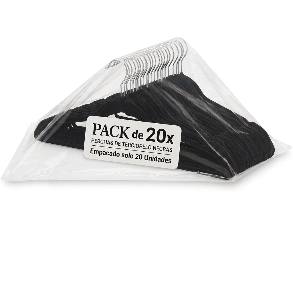 Set de 20 Perchas de Terciopelo Negro Antideslizantes y Ultra Delgadas